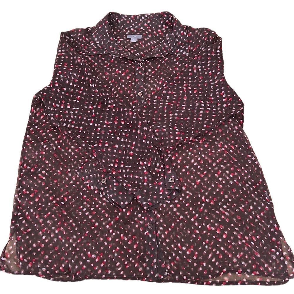J Jill LS sheer blouse brown w/ red white print GUC last picture shows colors